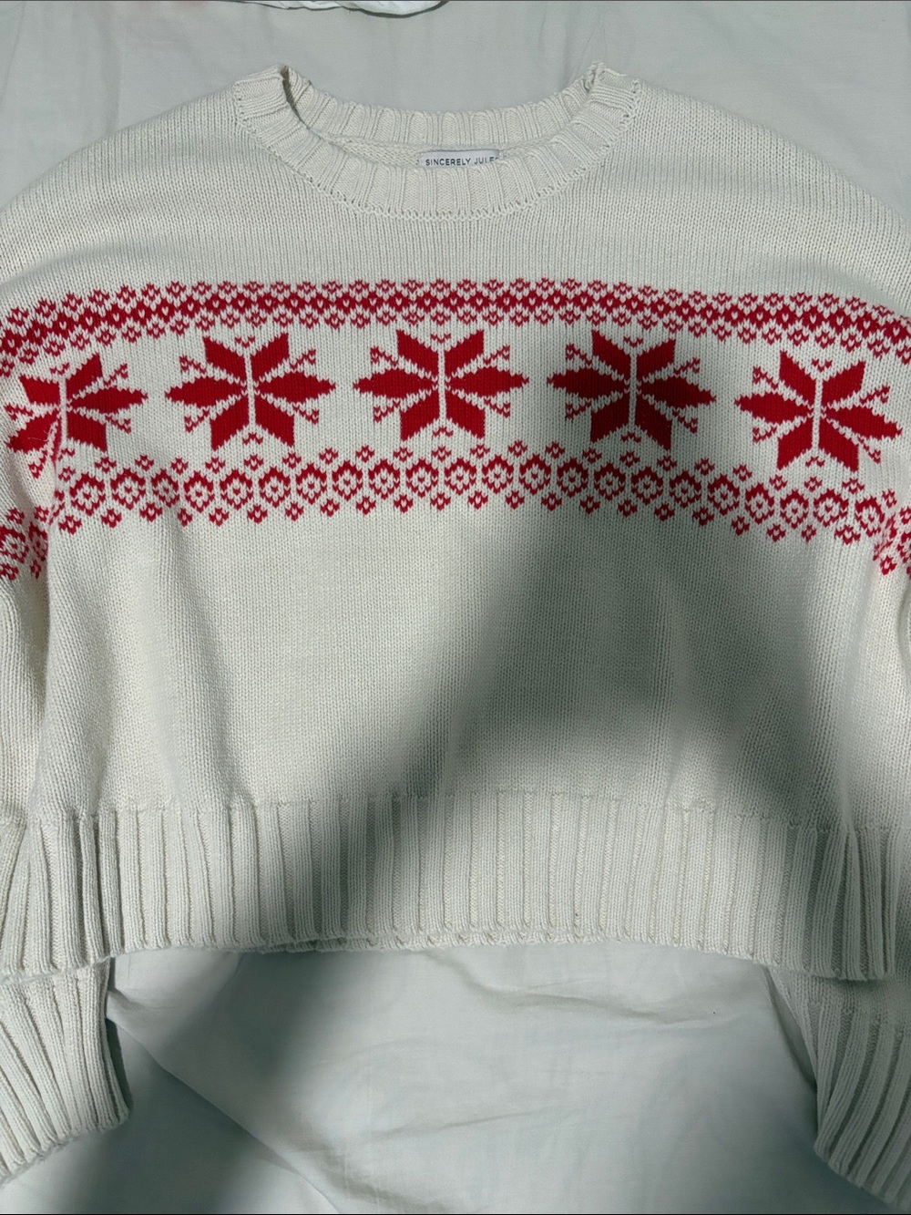Sincerly Jules Cream Crewneck Sweater with Red Fair Isle Motif